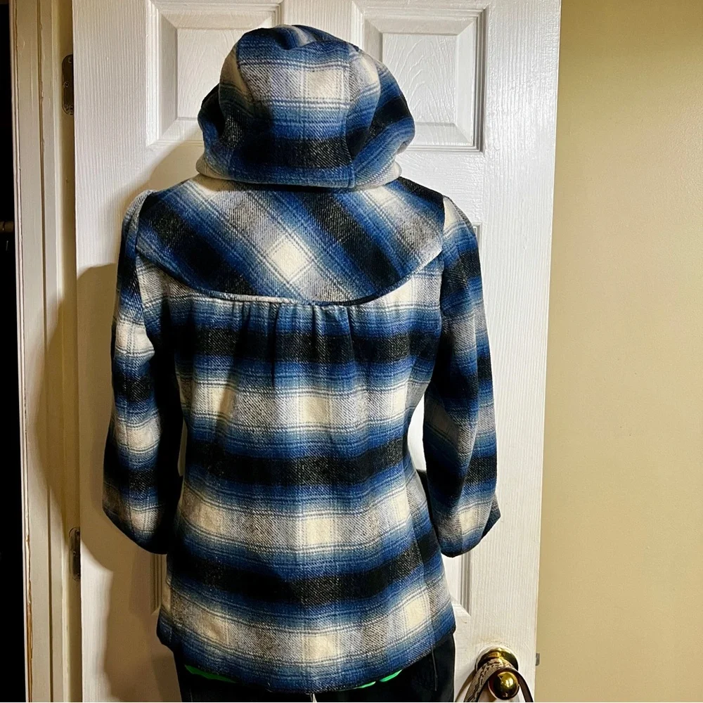 Mavi Wms Y2K Plaid Flannel Wool Blend Hooded Mock Neck‎ Preppy Casual Jacket S